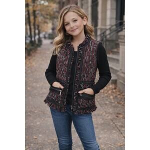 Cache Tweed Fringe Moto Jacket Womens XS Red Black Y2K Vintage Zip Jacket